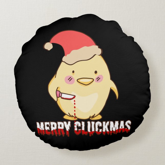 Merry Cluckmas, Funny Christmas Chicken Round Pillow (Back)