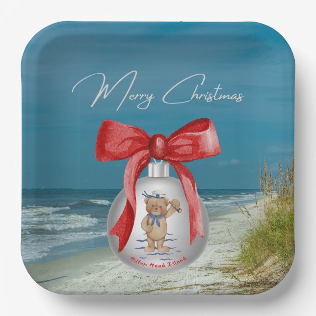 Merry Coastal Christmas Hilton Head Island Beach Paper Plate (Front)