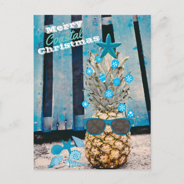 Merry Coastal Christmas Pineapple Tree on Beach Postcard (Front)