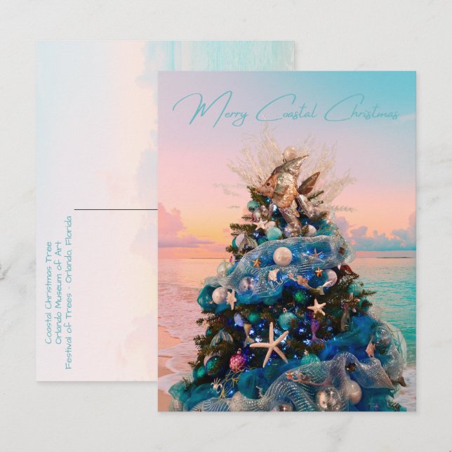 Merry Coastal Christmas Tropical Beach and Tree Holiday Postcard (Front/Back)