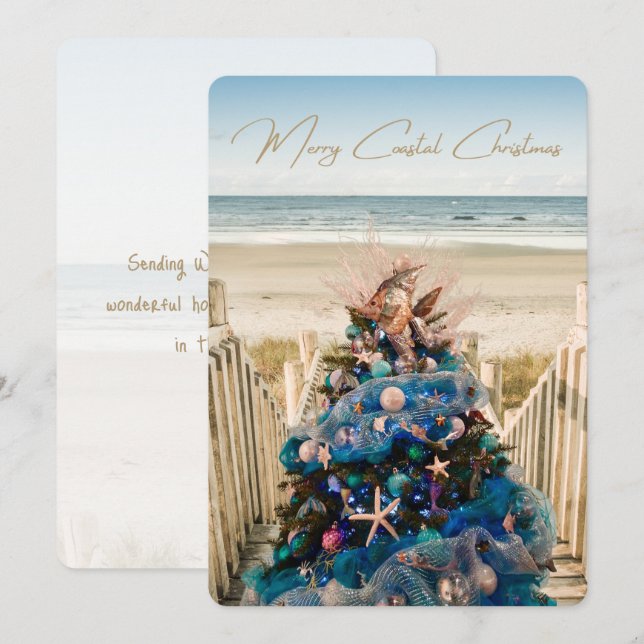 Merry Coastal Christmas Tropical Beach HolidayTree Holiday Card (Front/Back)