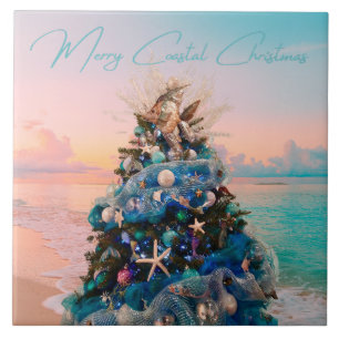 Merry Coastal Christmas Tropical Beach HolidayTree Tile