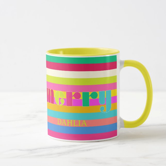 merry Colourful Stripes Personalized Christmas Tre Mug (Right)