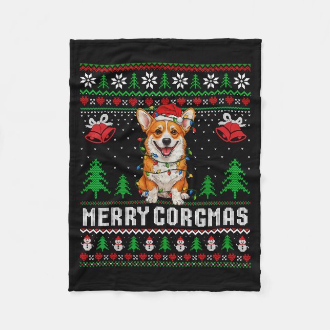 Merry Corgmas Ugly Sweater Funny Corgi Christmas T Fleece Blanket (Front)