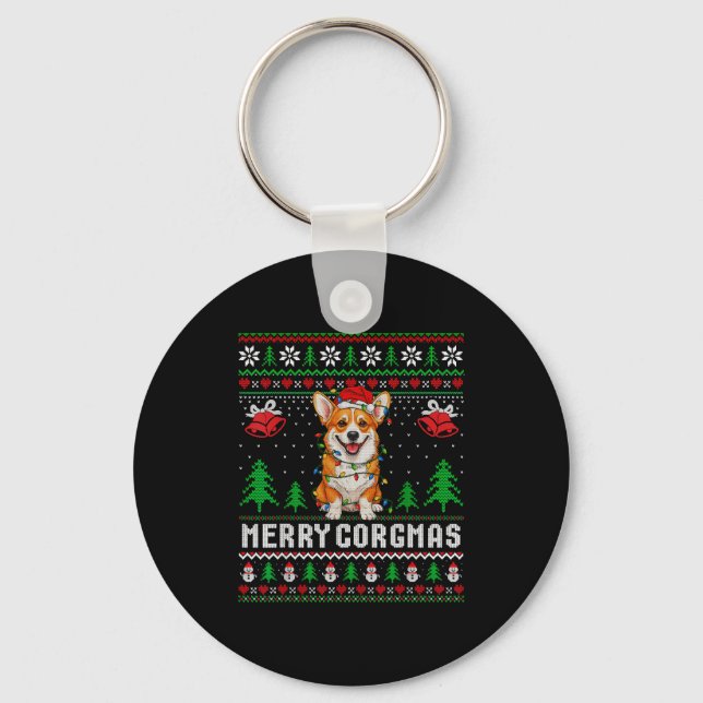 Merry Corgmas Ugly Sweater Funny Corgi Christmas T Keychain (Front)