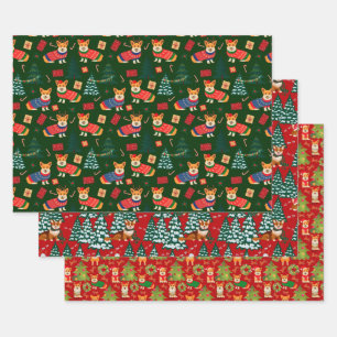 Merry Corgmess - Christmas Corgi patterns 3 colors Wrapping Paper Sheet