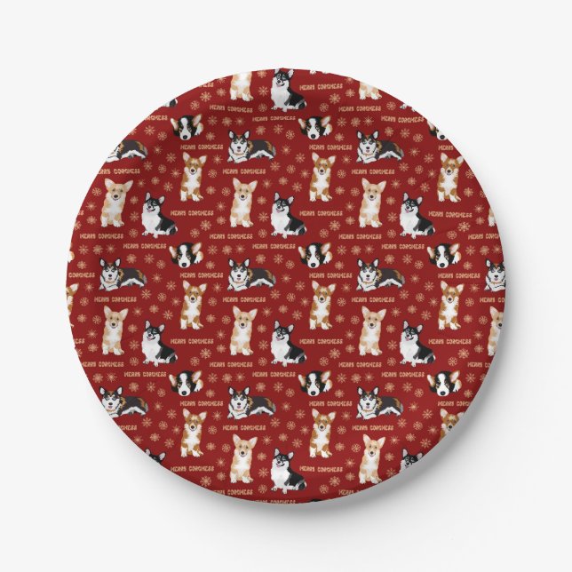 Merry Corgmess Text - Christmas Corgi red pattern Paper Plate (Front)
