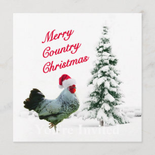 Merry Country Christmas Chicken With Santa Hat Invitation