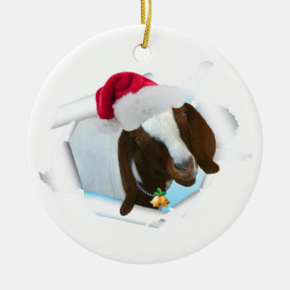 Merry Country Christmas Goat With Santa Hat & Bell Ceramic Ornament