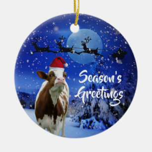 Merry Cowristmas Santa Cow Holiday Ceramic Ornament