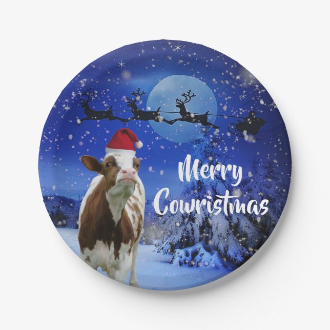 Merry Cowristmas Santa Cow Holiday Paper Plate (Front)