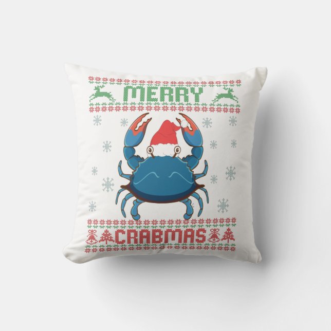 Merry Crabmas Funny Crab Ugly Christmas Sweater Throw Pillow (Front)