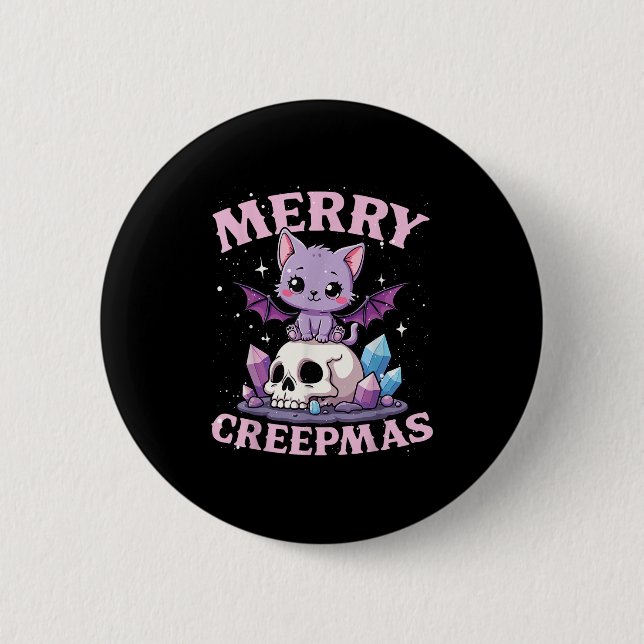 Merry Creepmas Cat Pastel Goth Christmas Skull For 2 Inch Round Button (Front)