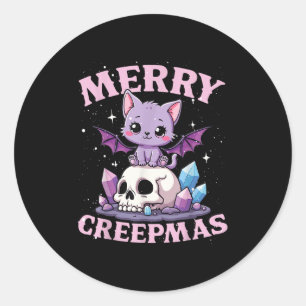 Merry Creepmas Cat Pastel Goth Christmas Skull For Classic Round Sticker