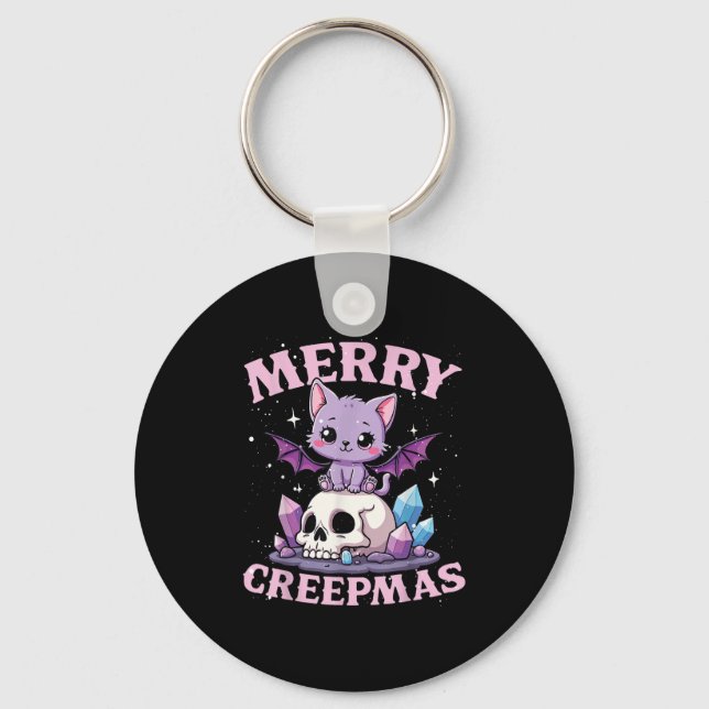 Merry Creepmas Cat Pastel Goth Christmas Skull For Keychain (Front)