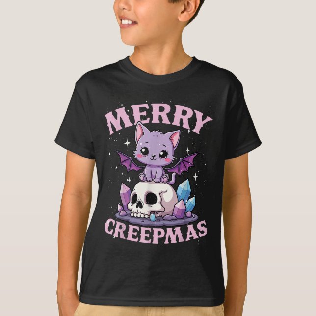 Merry Creepmas Cat Pastel Goth Christmas Skull For T-Shirt (Front)