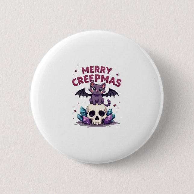 Merry Creepmas Cat Pastel Goth Christmas Skull T-S 2 Inch Round Button (Front)