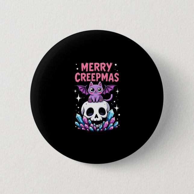 Merry Creepmas Cat Pastel Goth Christmas Skull T-S 2 Inch Round Button (Front)