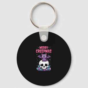 Merry Creepmas Cat Pastel Goth Christmas Skull T-S Keychain