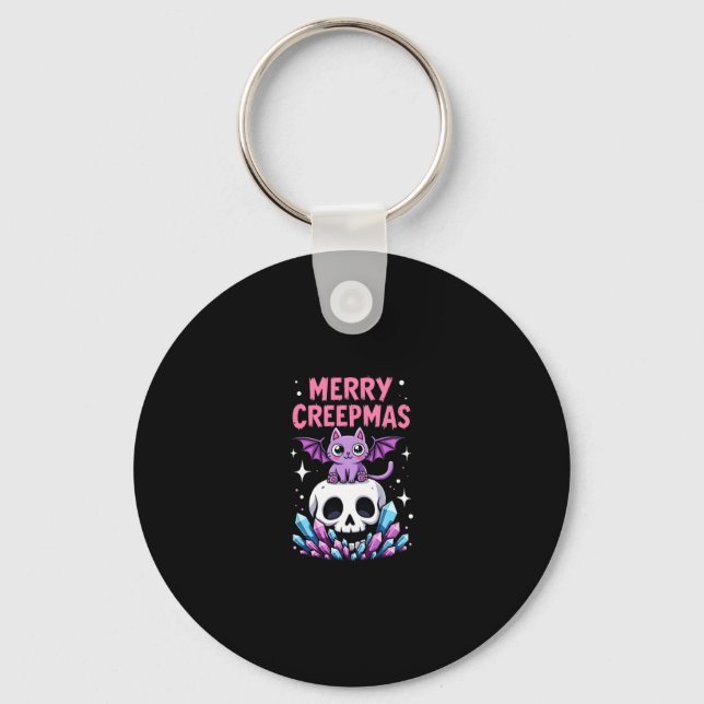 Merry Creepmas Cat Pastel Goth Christmas Skull T-S Keychain (Front)