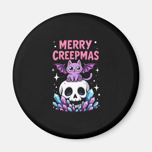 Merry Creepmas Cat Pastel Goth Christmas Skull T-S Magnet (Front)