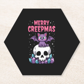 Merry Creepmas Cat Pastel Goth Christmas Skull T-S Paper Coaster