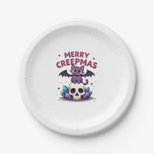 Merry Creepmas Cat Pastel Goth Christmas Skull T-S Paper Plate