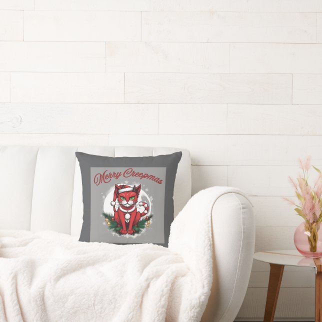 Merry Creepmas Cat Throw Pillow (Couch)
