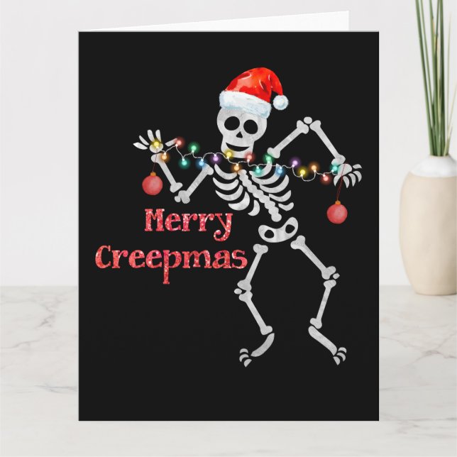 Merry Creepmas Skeleton Santa Skull Xmas Tree Fun Card (Front)