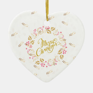 Merry Cristmas Wreath in Gold and Red Ceramic Ornament