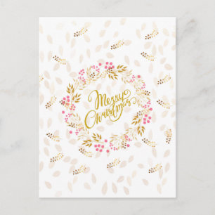 Merry Cristmas Wreath in Gold and Red Holiday Postcard