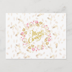 Merry Cristmas Wreath in Gold and Red Holiday Postcard