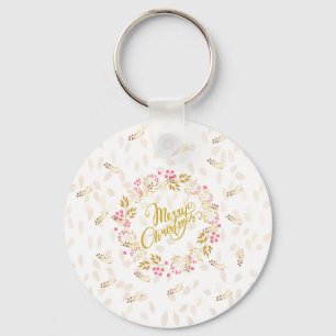 Merry Cristmas Wreath in Gold and Red Keychain