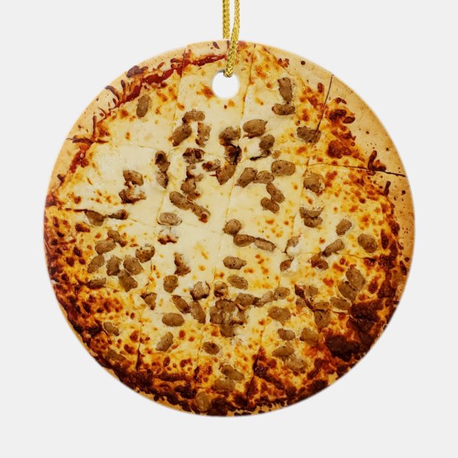 Merry Crustmas Funny Cheese and Sausage Pizza Ceramic Ornament (Front)