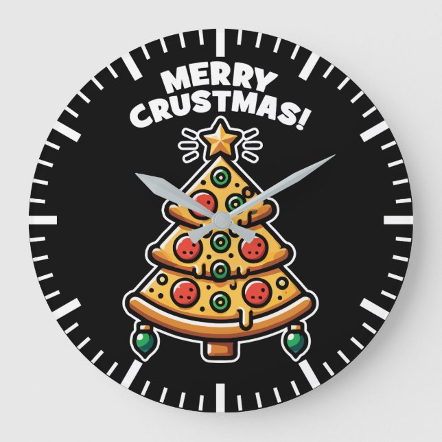 Merry Crustmas Pizza Tree - Funny Christmas Large Clock (Front)