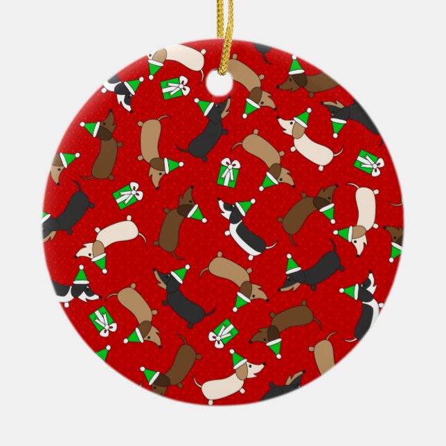 Merry Dachshunds Ceramic Ornament (Front)
