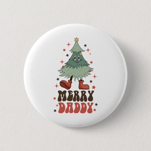 Merry Daddy Retro Christmas Tree Face Groovy Match 2 Inch Round Button (Front)
