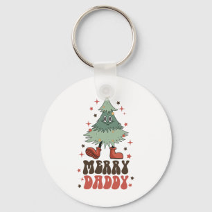 Merry Daddy Retro Christmas Tree Face Groovy Match Keychain