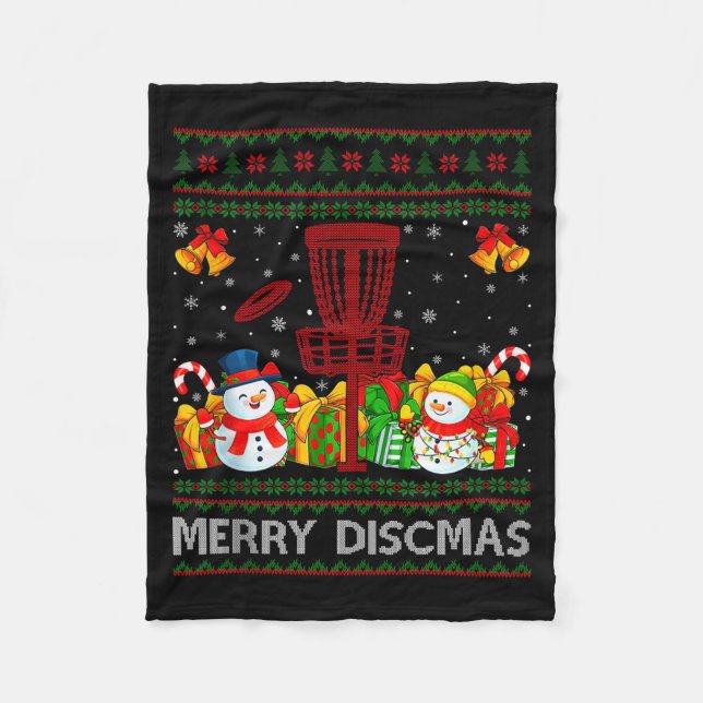 Merry Discmas Ugly Xmas Sweaters Funny Disc Golf C Fleece Blanket (Front)