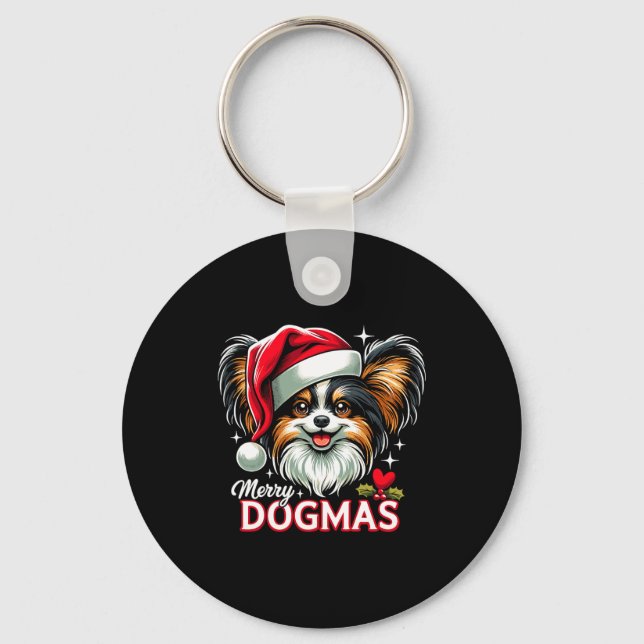 Merry Dogmas Christmas Pallon Dog Santa Hat Xmas C Keychain (Front)