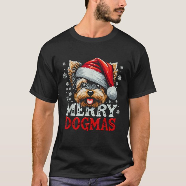Merry Dogmas Christmas Yorkshire Terrier Dog Santa T-Shirt (Front)