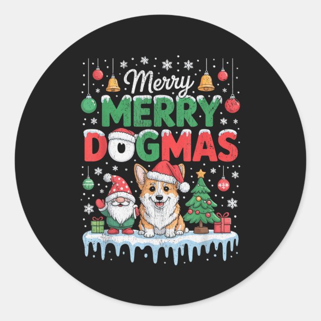 Merry Dogmas Funny Dog Santa Hat Christmas Xmas  Classic Round Sticker (Front)