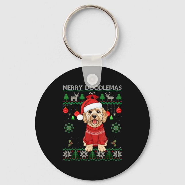 Merry Doodlemas Goldendoodle Wearing Ugly Christma Keychain (Front)