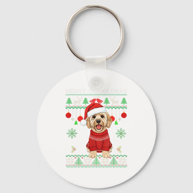 Merry Doodlemas Goldendoodle Wearing Ugly Christma Keychain (Front)