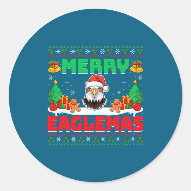 Merry Eaglemas - Eagle Wearing Santa Hat Ugly Chri Classic Round Sticker (Front)