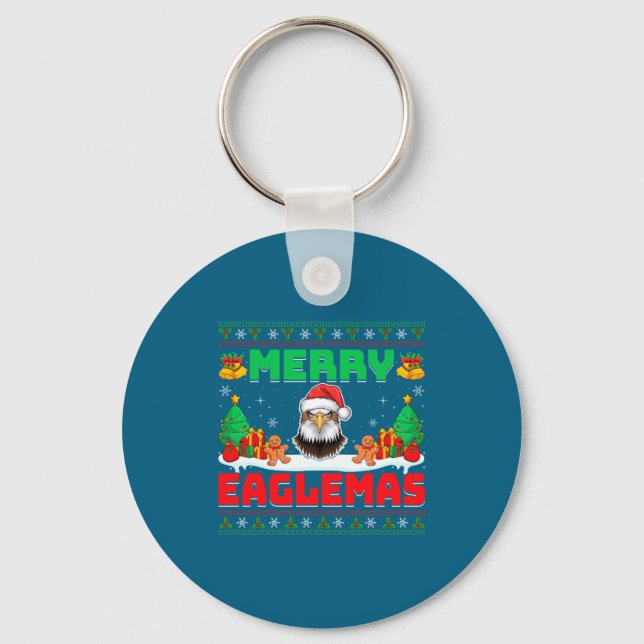 Merry Eaglemas - Eagle Wearing Santa Hat Ugly Chri Keychain (Front)