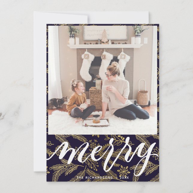 MERRY | Elegant Typography Gold Boughs Pattern Holiday Card (Front)