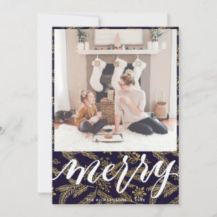 MERRY Elegant Typography Gold Boughs Pattern Holiday Card