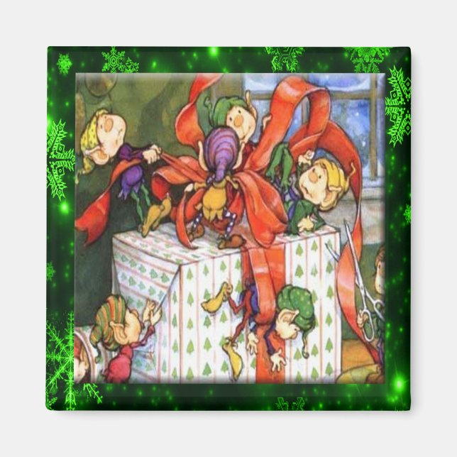 Merry Elves Wrapping Present Button Magnet (Front)