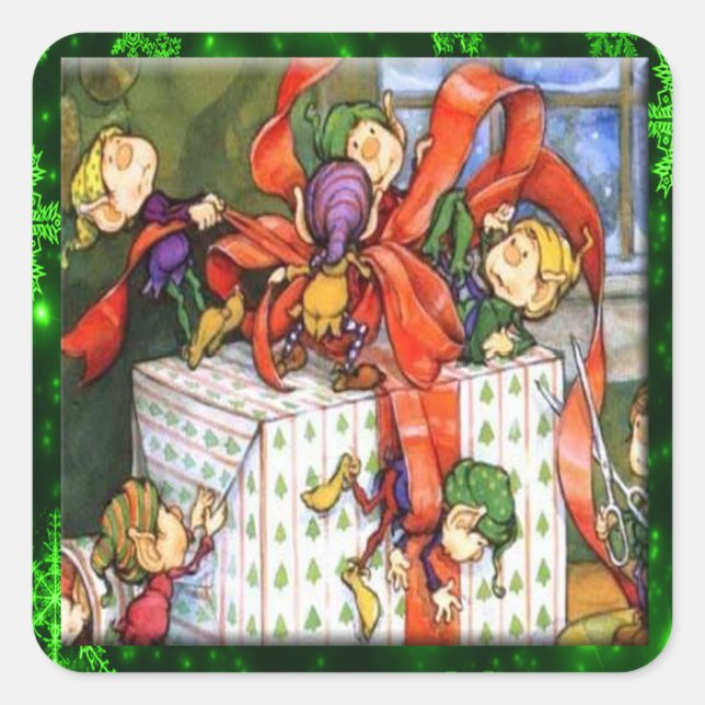 Merry Elves Wrapping Present Square Stickers (Front)